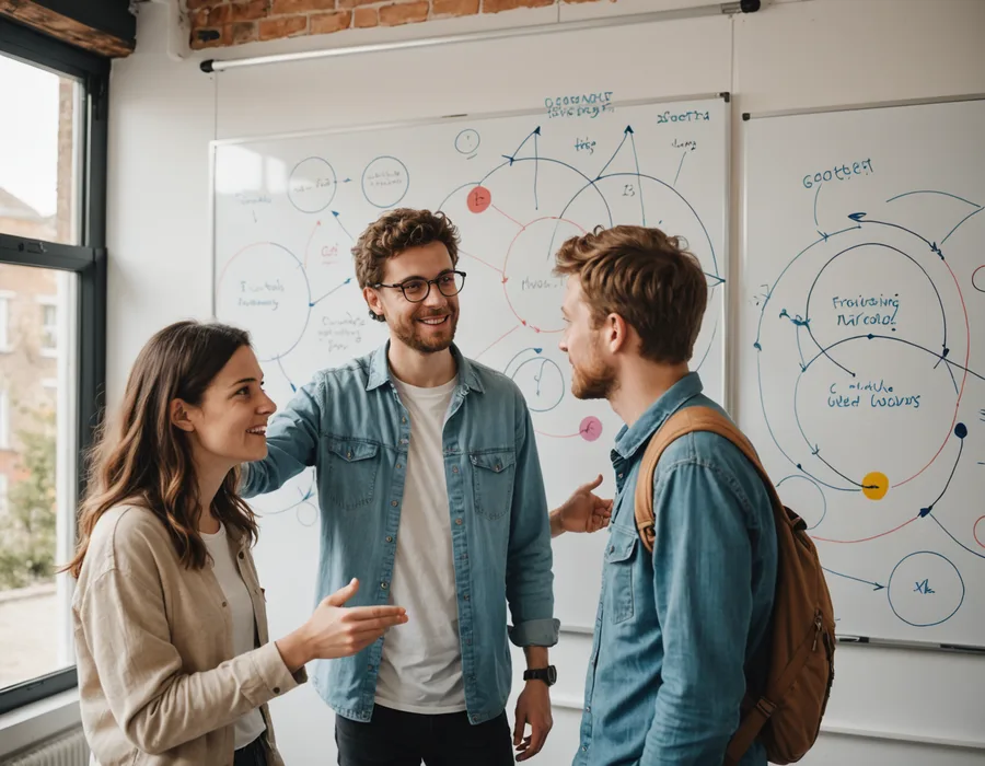 Two founders in conversation with a whiteboard showing network connections
